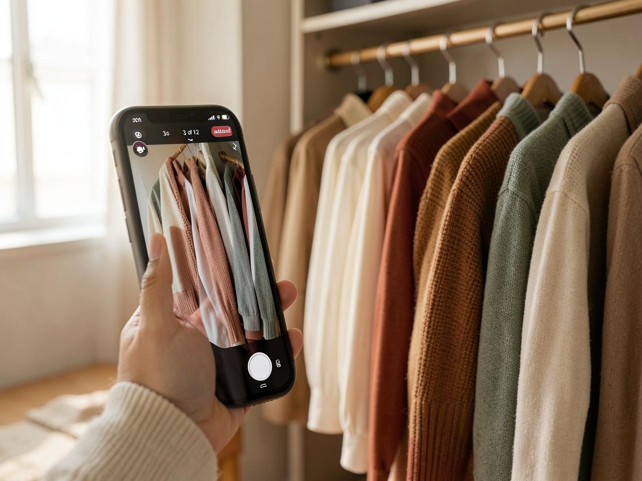 Photographing a closet rail of clothes with a phone, adding each piece to the Mirra wardrobe